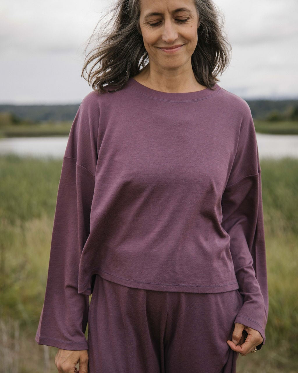 Merino Flowy Top | Model wearing size Medium, height 5.9"