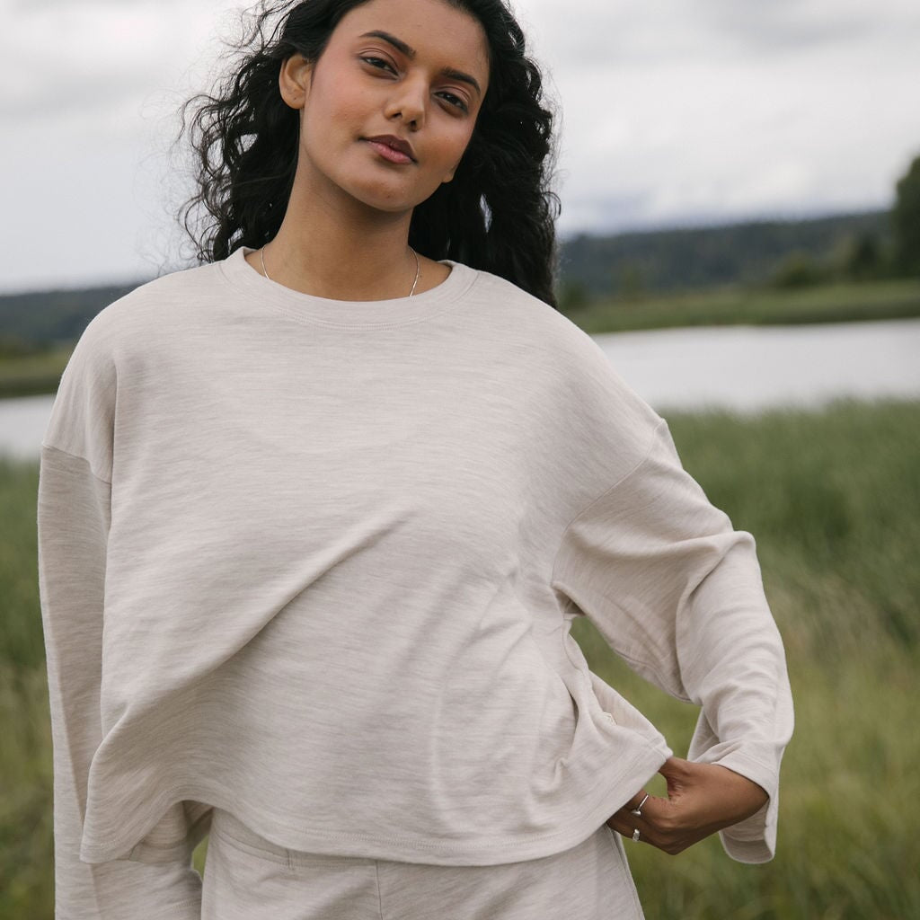Merino Flowy Top | Model wearing size XSmall, height 5.4"
