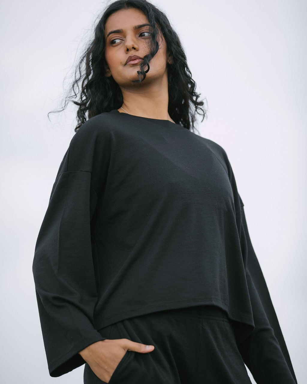 Merino Flowy Top | Model wearing size XSmall, height 5.4"