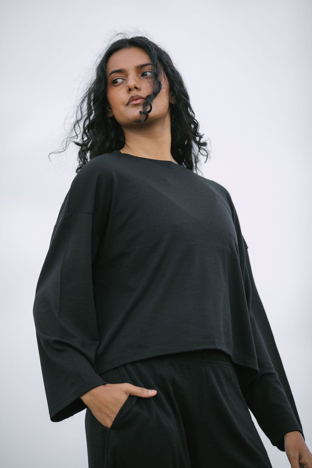 Merino Flowy Top | Model wearing size XSmall, height 5.4"