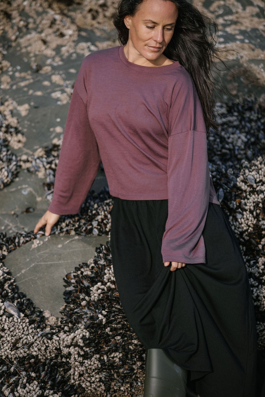 Merino Flowy Top | Model wearing size Small, height 5.4"
